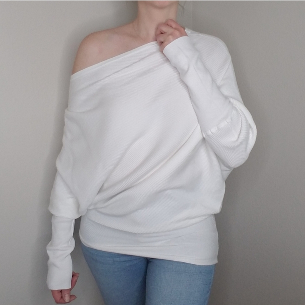 Ivory cashmere blend off the shoulder sweater